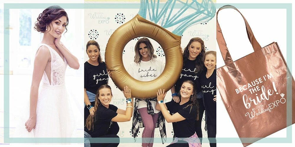 Bridal party posing with inflatable wedding ring