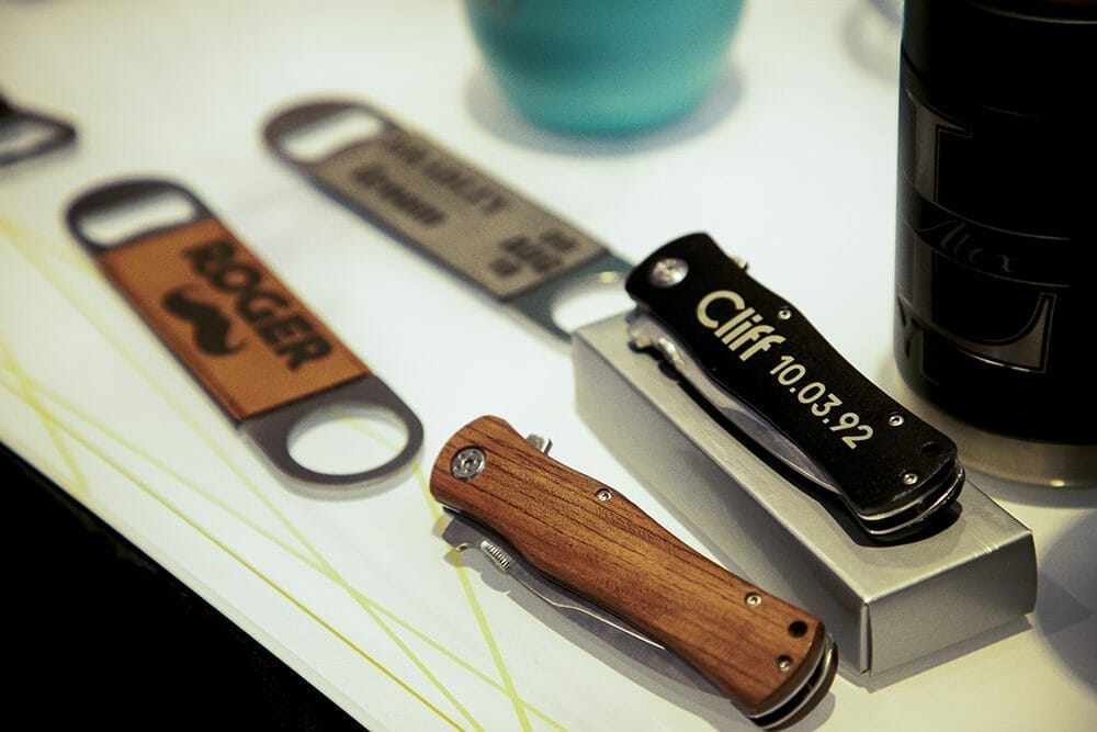 Gifts - Custom pocket knives and bottle openers.