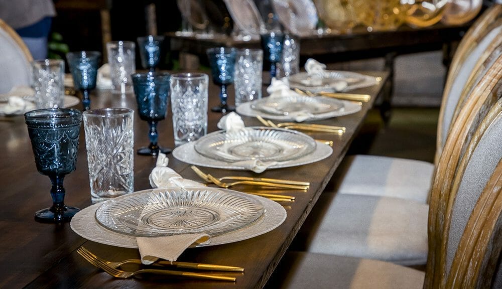 Table setting with blue candles